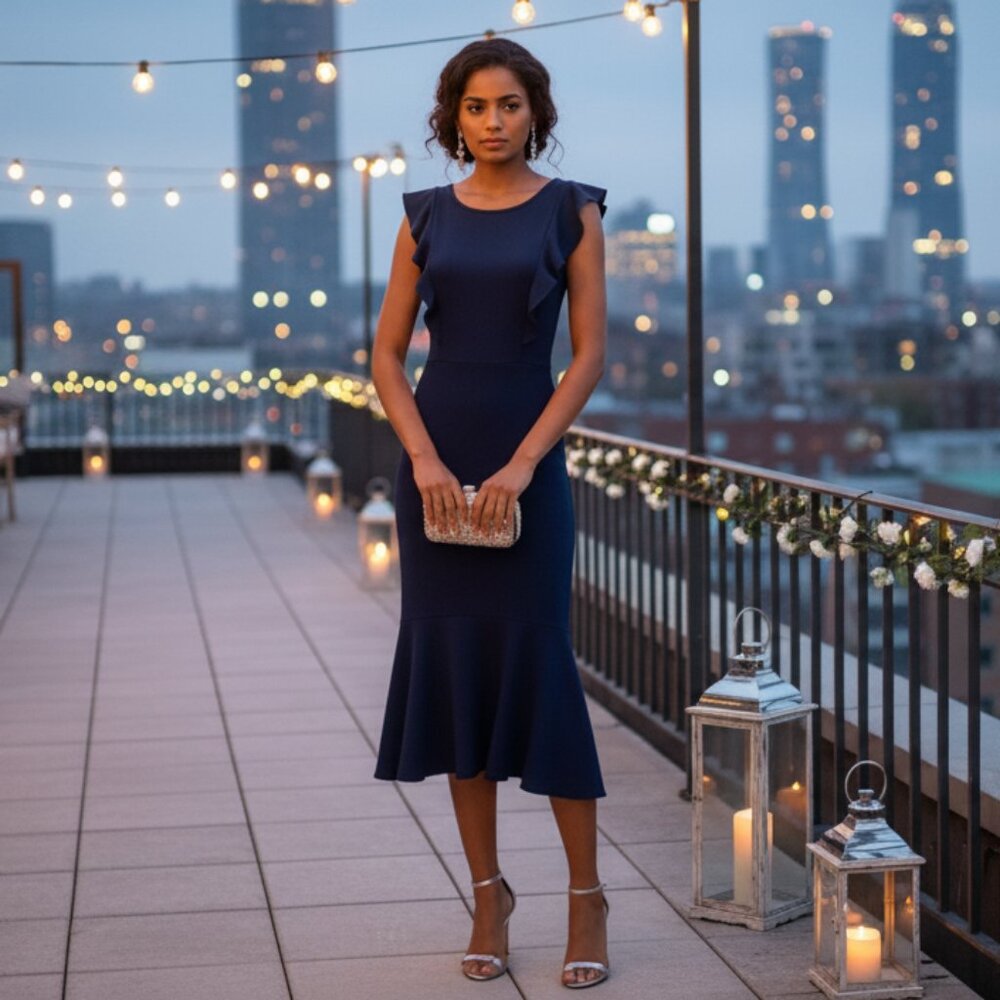 Elegant Sleeveless Cocktail Ruffle Midi Dress